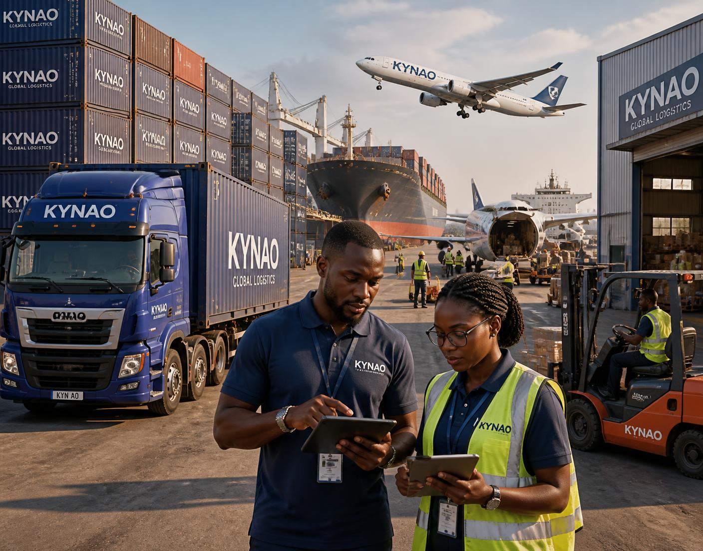 KYNAO freight team coordinating containers, cargo trucks, aircraft and a container ship