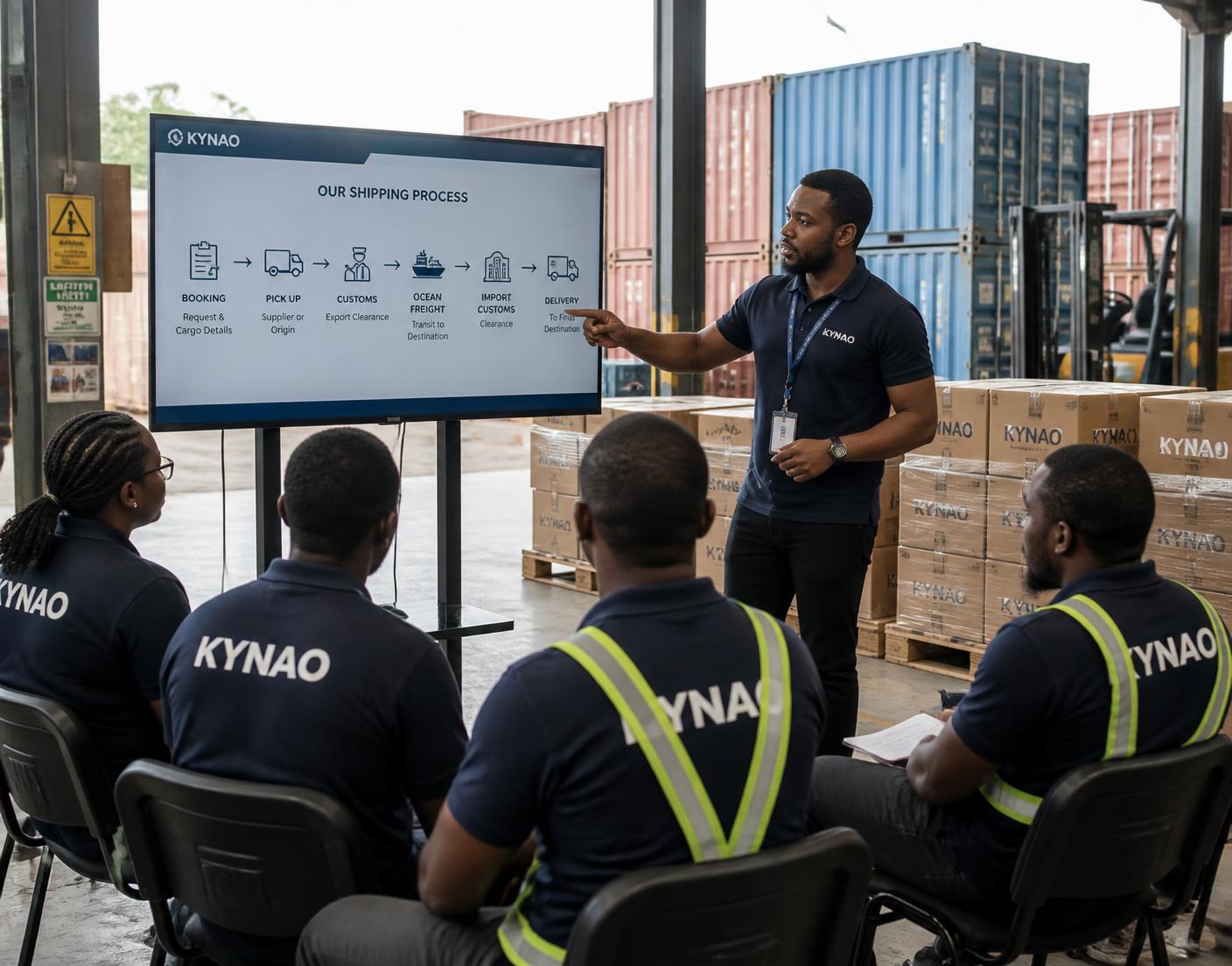 KYNAO logistics team briefing staff on the shipping process beside shipping containers